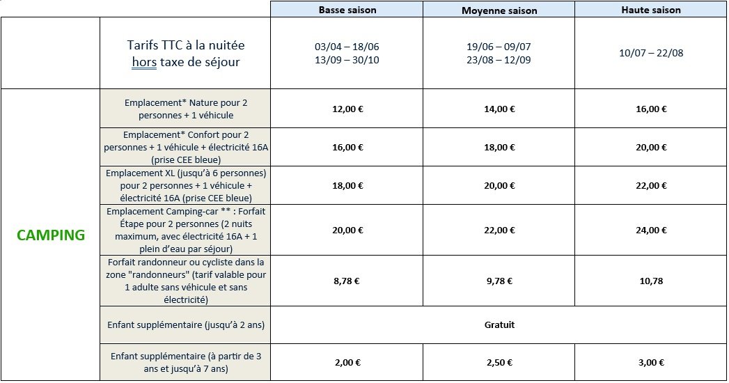 camping1 tarifs
